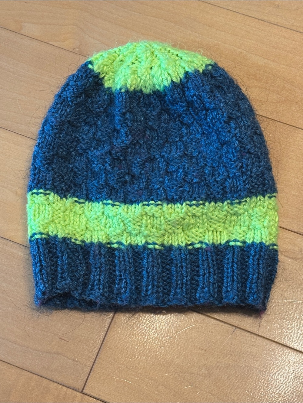 Toddler Knit Beanie - Blue and Lime Green handmade